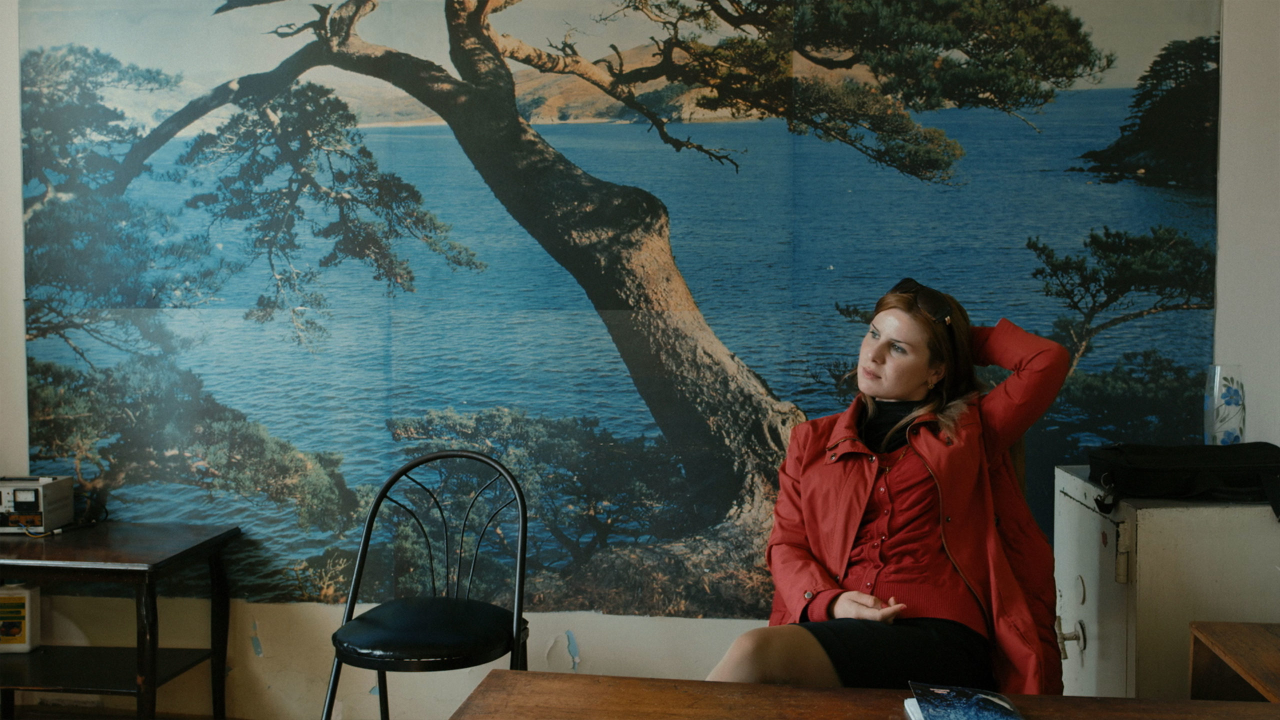 Journalist sitting in front of coastal painting in office