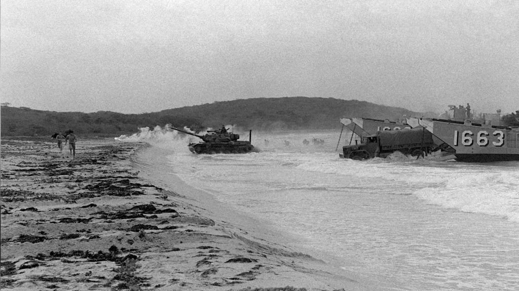 Old black and white of photo of military troops on the Vieques coastal side